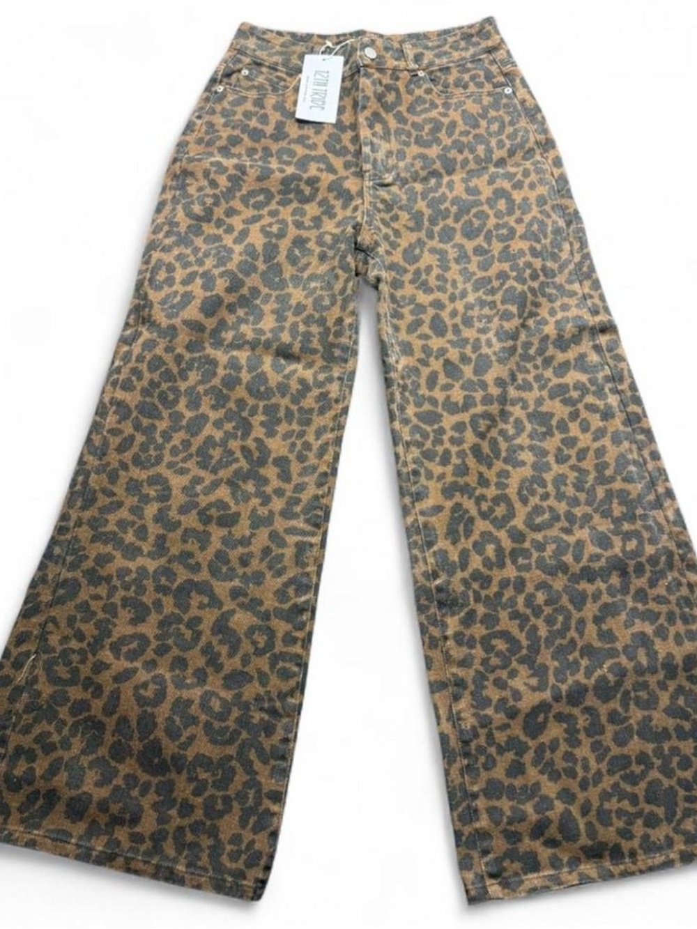 12th Tribe Leopard Print Wide Leg Jeans in Brown and Black